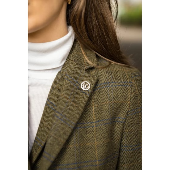 Olivgrüner Tailored Fit Tweed-Blazer mit Fischgrätenmuster für Damen - Image 6