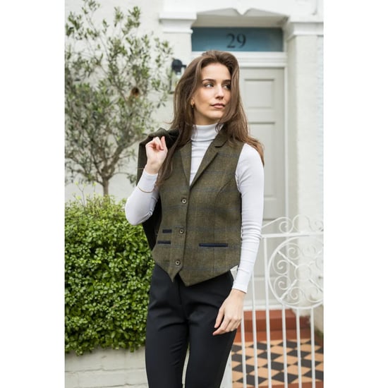 Olivgrüne Tailored Fit Tweedweste für Damen mit Fischgrätenmuster - Image 5