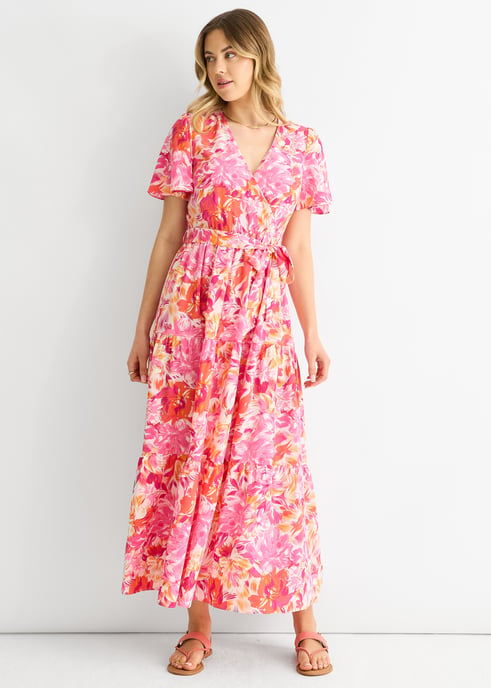 Rotes geblümtes Midikleid mit Wickelgürtel - Image 3
