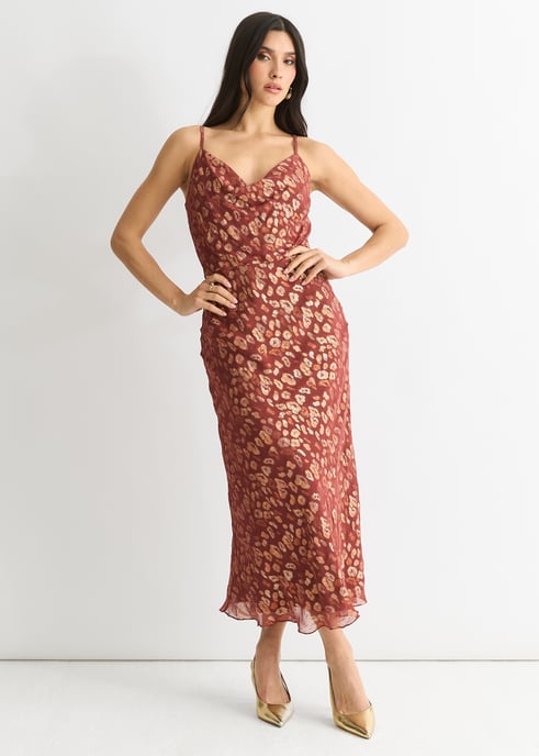 Braunes Viskose-Tier-Jacquard-Cowl-Midikleid - Image 1
