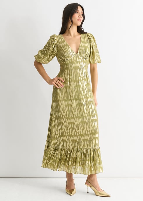 Grünes Viskose-Tier-Jacquard-Anlass-Midikleid - Image 3