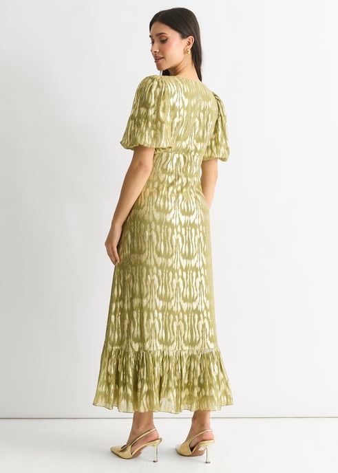 Grünes Viskose-Tier-Jacquard-Anlass-Midikleid - Image 4