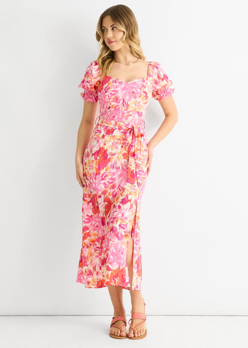 Rotes geblümtes Midikleid mit Puffärmeln und Gürtel - Image 3