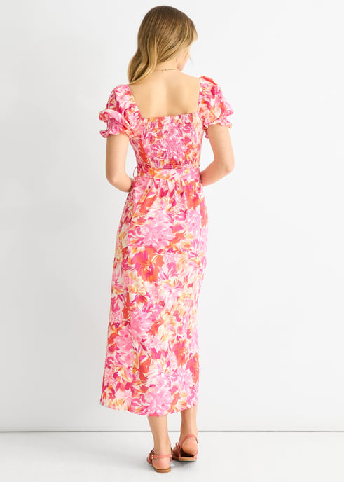 Rotes geblümtes Midikleid mit Puffärmeln und Gürtel - Image 4