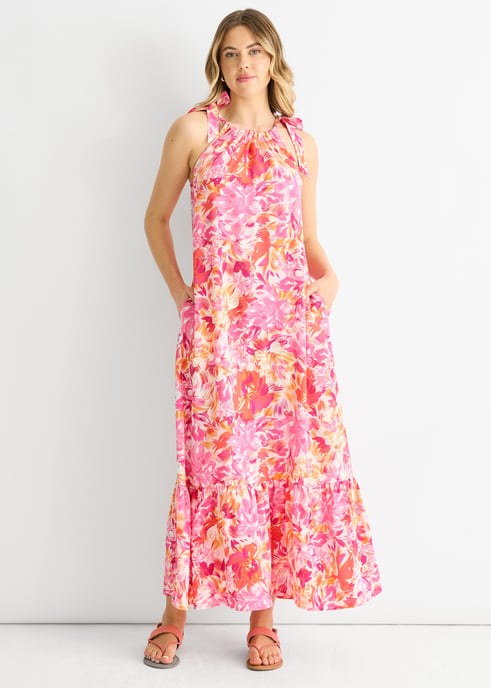 Rotes geblümtes Trapezkleid mit Bindebändern - Image 1
