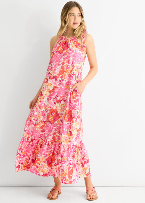 Rotes geblümtes Trapezkleid mit Bindebändern - Image 3