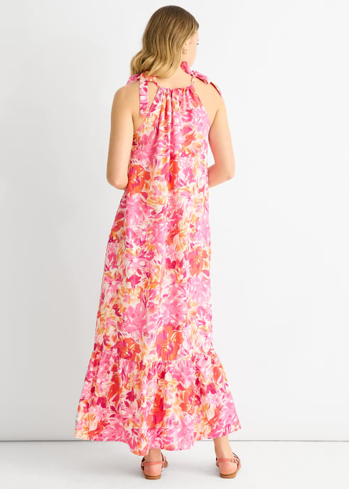Rotes geblümtes Trapezkleid mit Bindebändern - Image 4