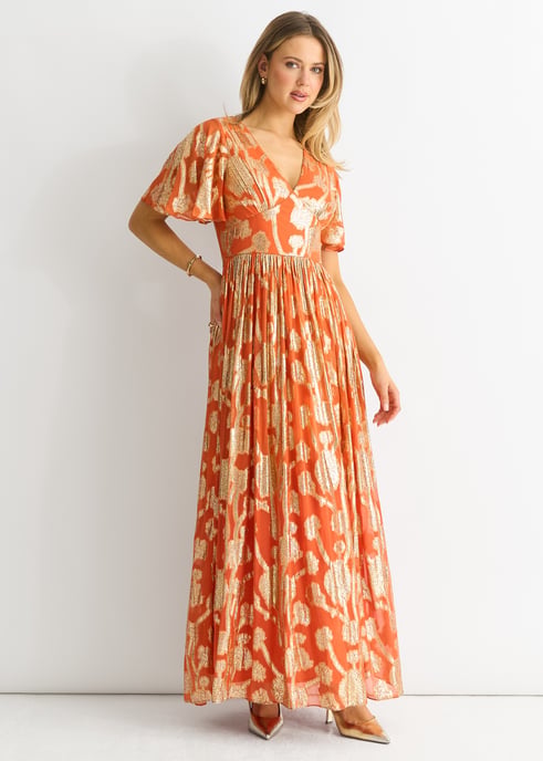 Orangefarbenes Metallic-Jacquard-Maxikleid mit Flatterärmeln - Image 3