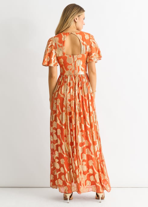 Orangefarbenes Metallic-Jacquard-Maxikleid mit Flatterärmeln - Image 4