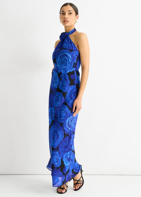 Blaues Floral Anlass Halter Maxikleid - Image 3