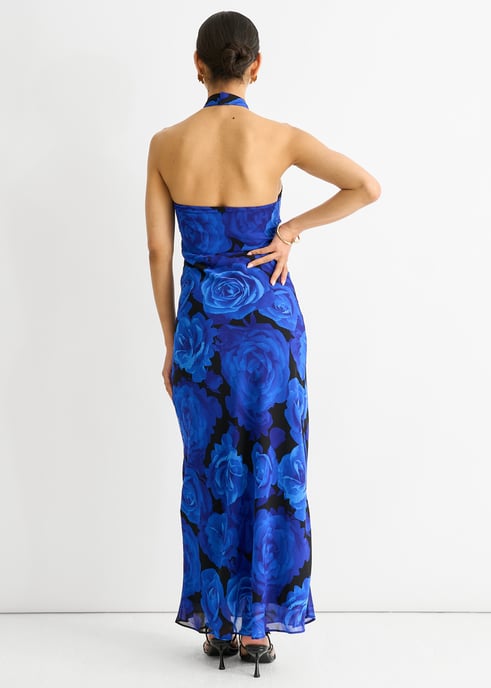 Blaues Floral Anlass Halter Maxikleid - Image 4