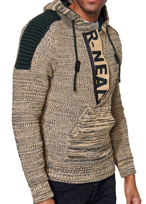 1/2 Zip Grobstrick Kontrast Kapuzen-Pullover - Image 3