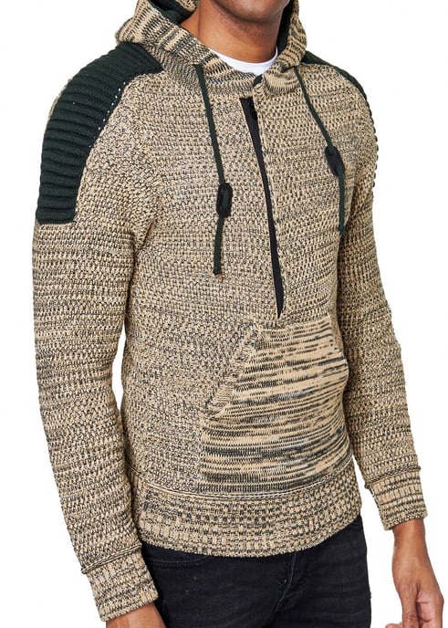 1/2 Zip Grobstrick Kontrast Kapuzen-Pullover - Image 5