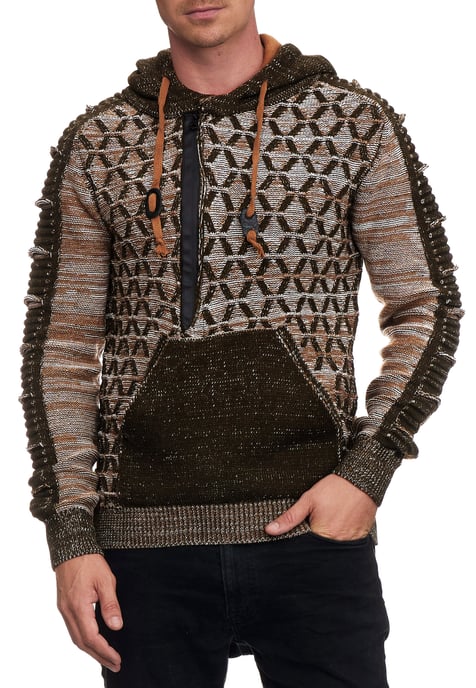 1/2 Zip Kontrast Grobstrick Kapuzen-Pullover - Image 3