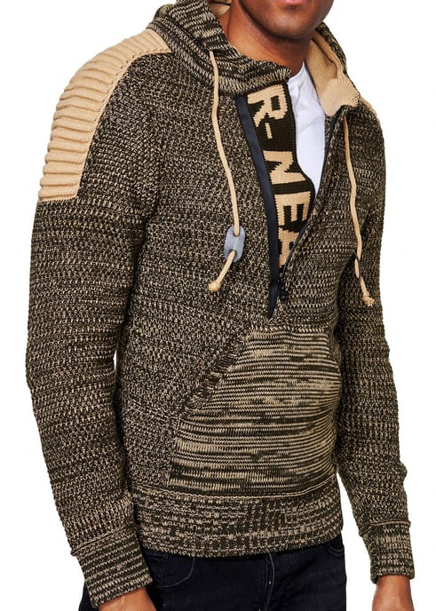 1/2 Zip Grobstrick Kontrast Kapuzen-Pullover - Image 3