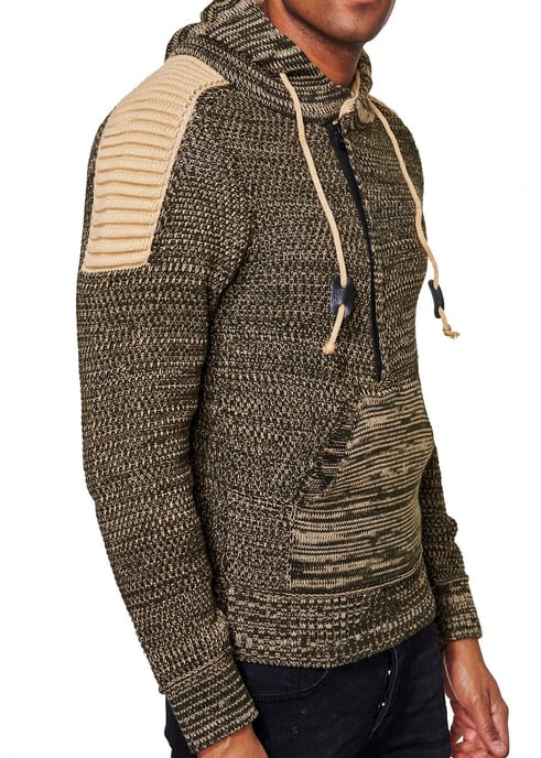 1/2 Zip Grobstrick Kontrast Kapuzen-Pullover - Image 5