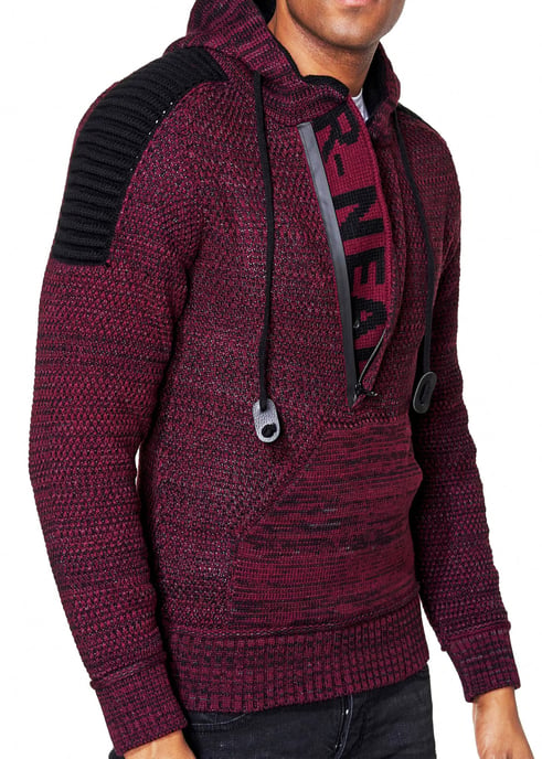 Rusty Neal 1/2-Zip Grobstrick-Pullover mit Kontrastkapuze - Rot - Image 3