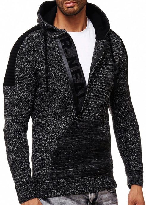 1/2 Zip Grobstrick Kontrast Kapuzen-Pullover - Image 3