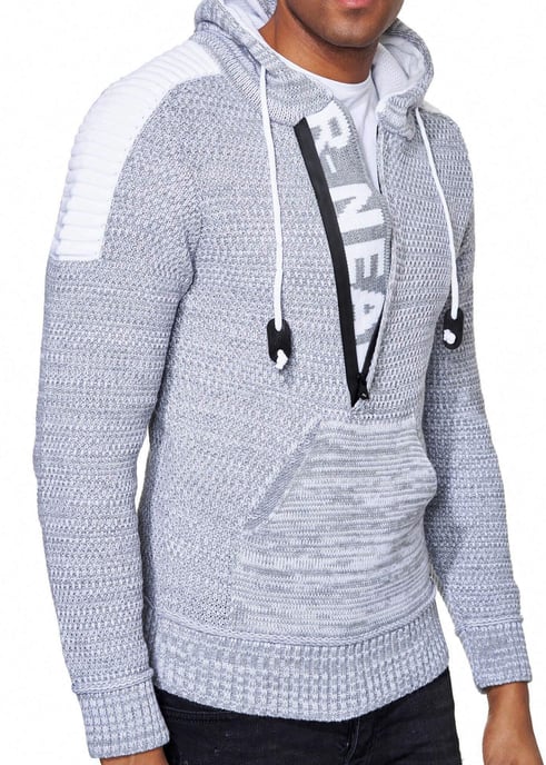 1/2 Zip Grobstrick Kontrast Kapuzen-Pullover - Image 3