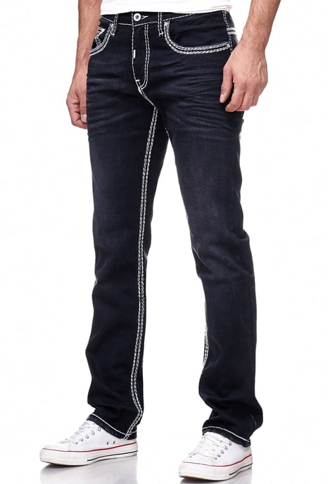 Jeans Hose "LEVIN" in Black Used mit Weißer Kontrastnaht - Image 4