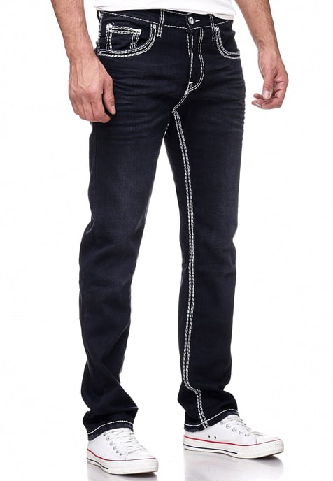 Jeans Hose "LEVIN" in Black Used mit Weißer Kontrastnaht - Image 5