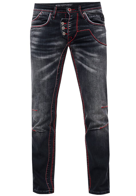 Jeans Hose "RUBEN" Black Used mit Neon Roter Ziernaht - Image 1