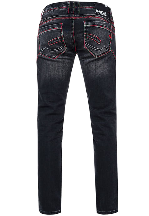 Jeans Hose "RUBEN" Black Used mit Neon Roter Ziernaht - Image 2