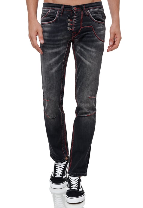 Jeans Hose "RUBEN" Black Used mit Neon Roter Ziernaht - Image 3