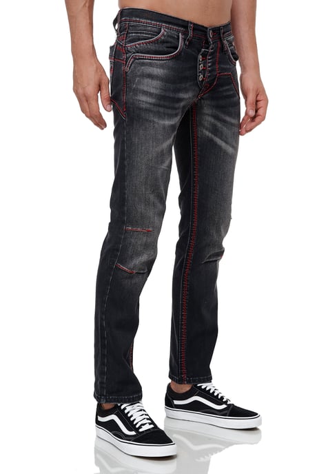 Jeans Hose "RUBEN" Black Used mit Neon Roter Ziernaht - Image 4