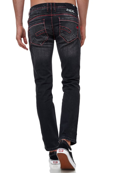 Jeans Hose "RUBEN" Black Used mit Neon Roter Ziernaht - Image 5