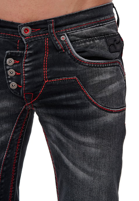 Jeans Hose "RUBEN" Black Used mit Neon Roter Ziernaht - Image 6