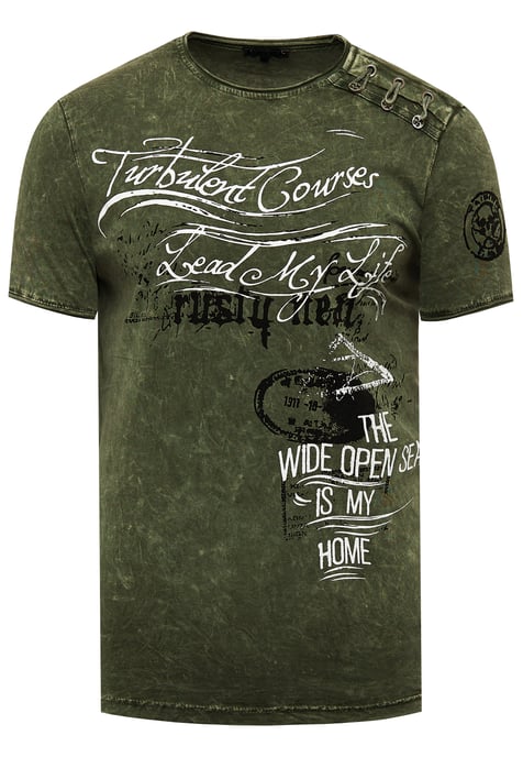 Oil-Washed T-Shirt mit Seitlicher Knopfleiste und Prints - Image 1
