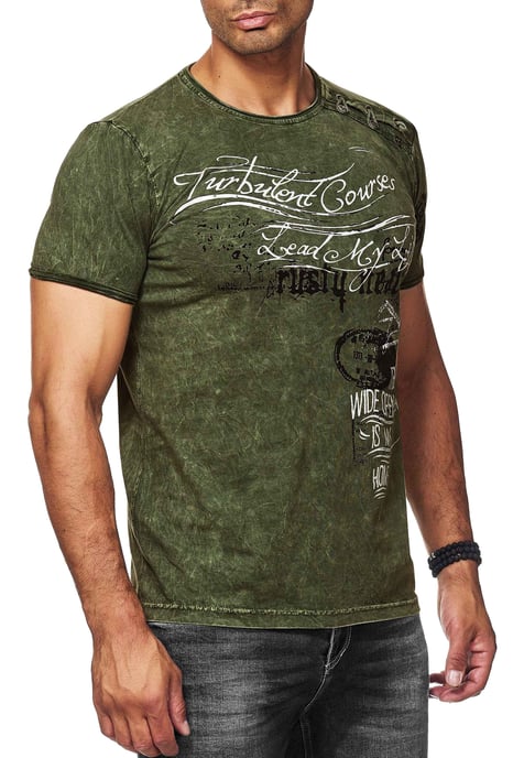 Oil-Washed T-Shirt mit Seitlicher Knopfleiste und Prints - Image 3