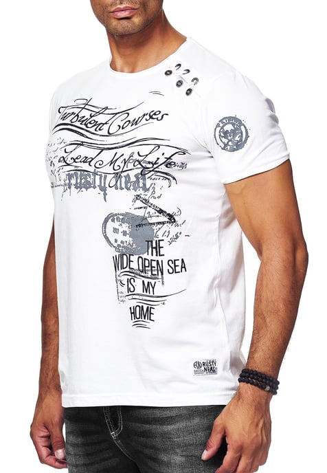 Oil-Washed T-Shirt mit Seitlicher Knopfleiste und Prints - Image 4