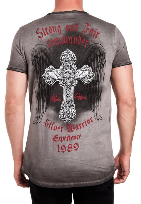 V-Neck T-Shirt Verwaschen mit Seitlichem Print - Image 3