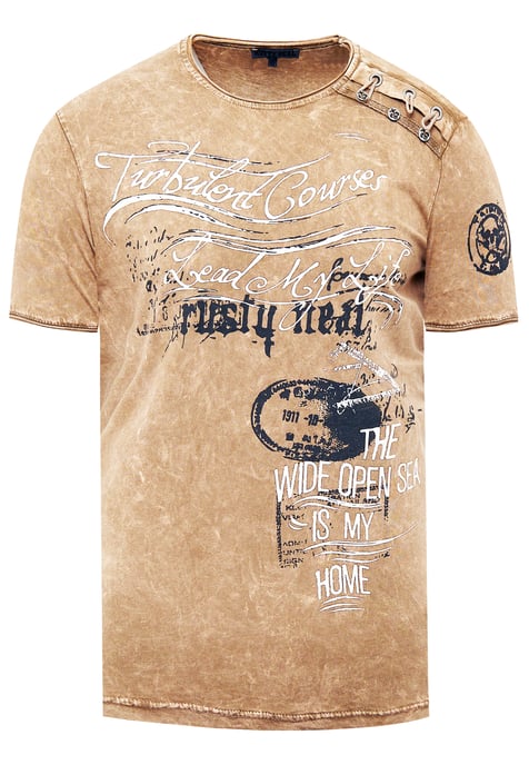 Oil-Washed T-Shirt mit Seitlicher Knopfleiste und Prints - Image 1