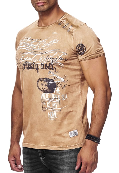 Oil-Washed T-Shirt mit Seitlicher Knopfleiste und Prints - Image 3