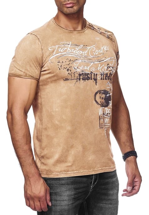 Oil-Washed T-Shirt mit Seitlicher Knopfleiste und Prints - Image 4