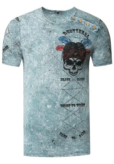 Verwaschenes Rundhals T-Shirt mit Knopfleiste und Prints - Image 1