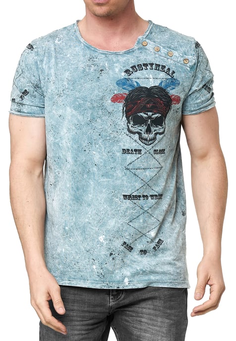 Verwaschenes Rundhals T-Shirt mit Knopfleiste und Prints - Image 3