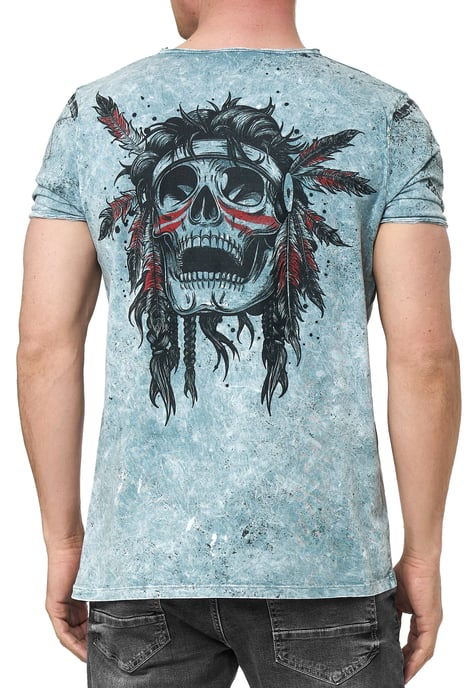 Verwaschenes Rundhals T-Shirt mit Knopfleiste und Prints - Image 4