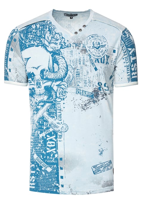 V-Neck T-Shirt mit All Over Skull X Snake Print und Wildleder-Details - Image 1