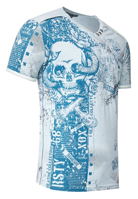 V-Neck T-Shirt mit All Over Skull X Snake Print und Wildleder-Details - Image 2