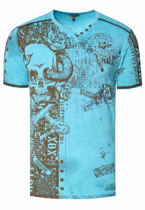 V-Neck T-Shirt mit All Over Skull X Snake Print und Wildleder-Details - Image 1