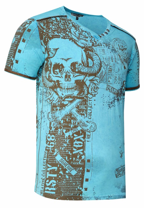 V-Neck T-Shirt mit All Over Skull X Snake Print und Wildleder-Details - Image 2