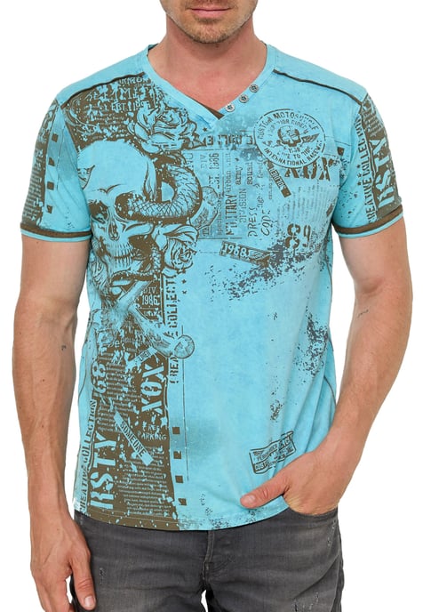 V-Neck T-Shirt mit All Over Skull X Snake Print und Wildleder-Details - Image 4