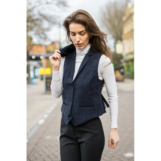 Marineblaues, maßgeschneidertes 2-teiliges Set aus formellem Tweed-Blazer und Weste für Damen - Image 4