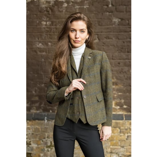 Olivgrünes 2-teiliges Tweed-Blazer-Weste-Set für Damen im Fischgrätenmuster - Image 1