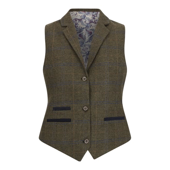 Olivgrünes 2-teiliges Tweed-Blazer-Weste-Set für Damen im Fischgrätenmuster - Image 3