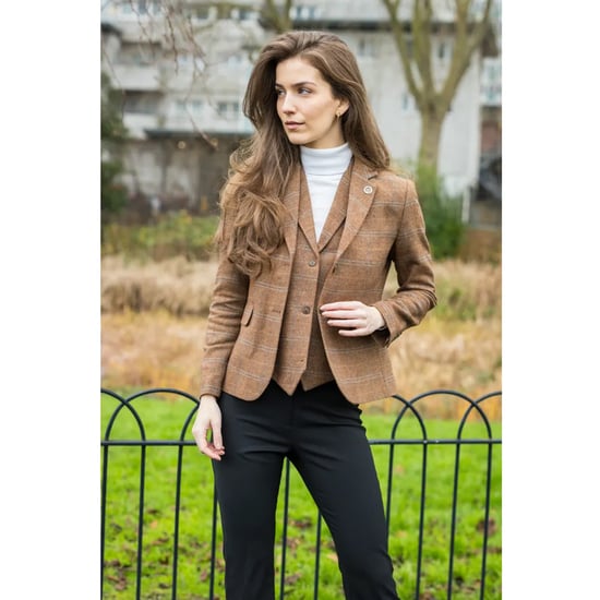 Oak Brown 2-teiliges Set aus Tweed-Blazer und Weste für Damen im Fischgrätenmuster - Image 1